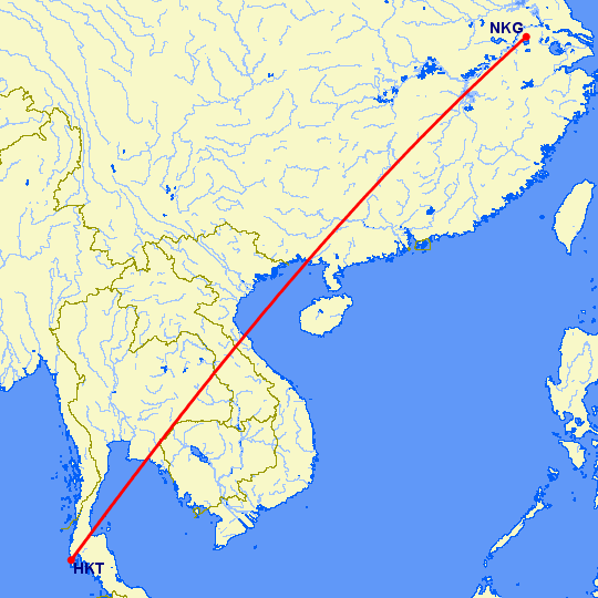 перелет Нанкин — Пхукет на карте