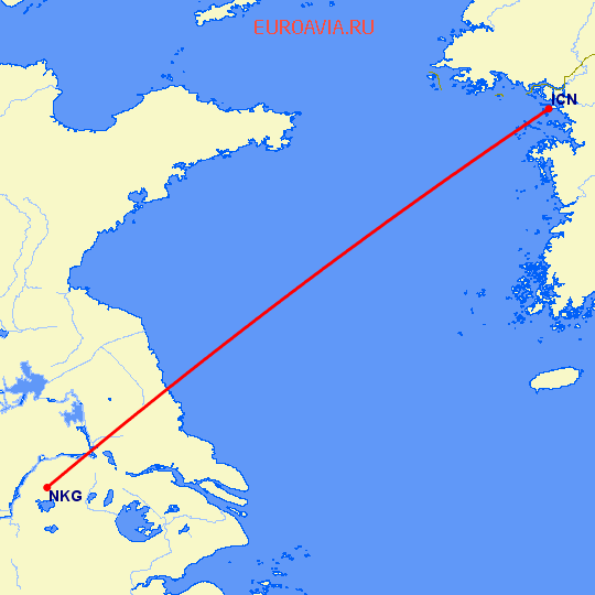 перелет Нанкин — Сеул на карте