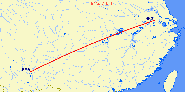 перелет Нанкин — Кунминг на карте