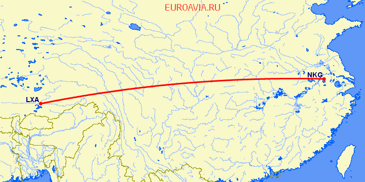 перелет Нанкин — Gonggar на карте