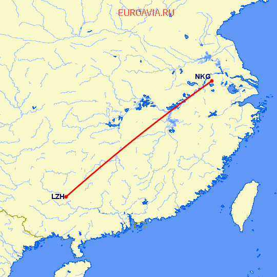 перелет Нанкин — Лучжоу на карте