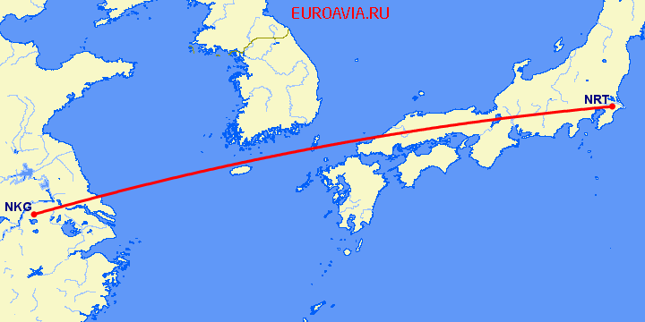 перелет Нанкин — Токио на карте