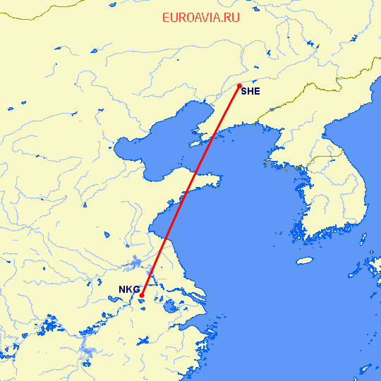 перелет Нанкин — Шеньян на карте