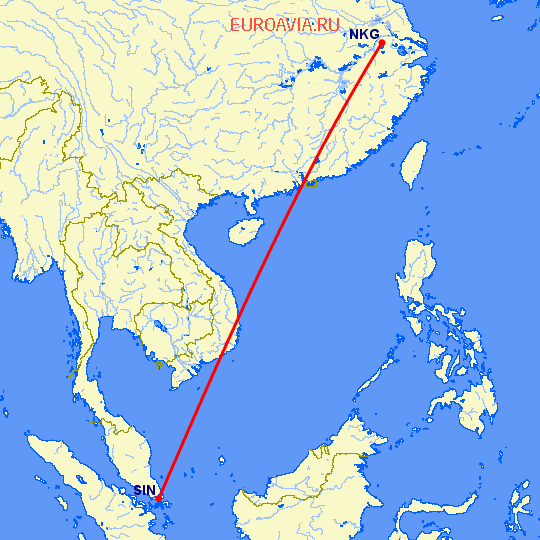 перелет Нанкин — Сингапур на карте