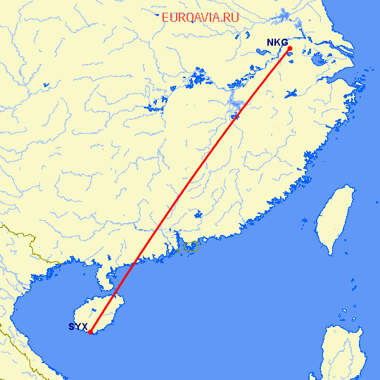 перелет Нанкин — Санья на карте