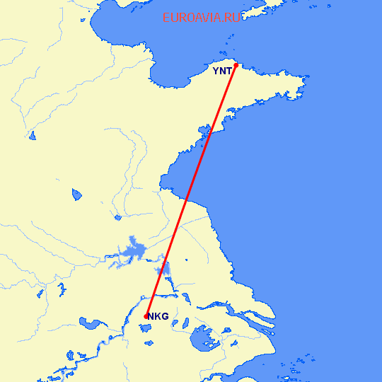 перелет Нанкин — Янтай на карте