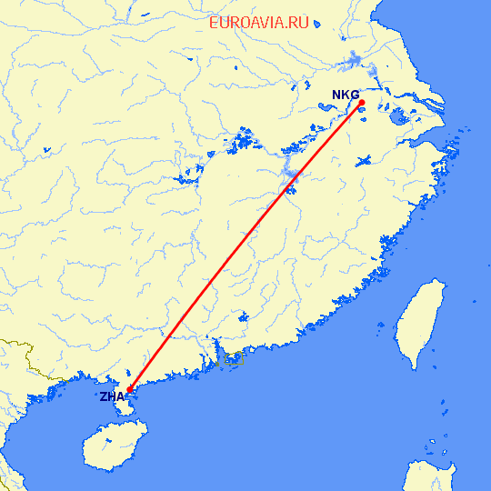перелет Нанкин — Чжаньчзян на карте