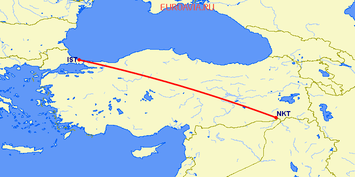 перелет Ширнак — Стамбул на карте