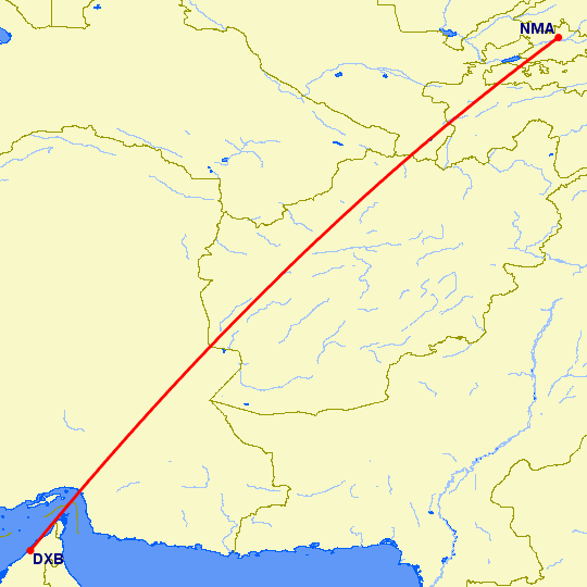 перелет Наманган — Дубай на карте