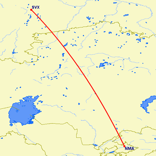 перелет Наманган — Екатеринбург на карте