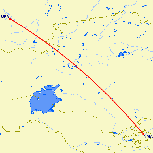 перелет Наманган — Уфа на карте