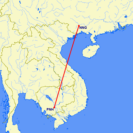 перелет Наньнин — Пномпен на карте