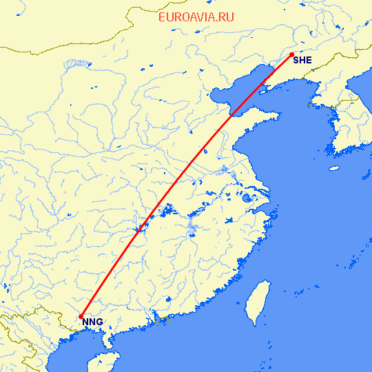 перелет Наньнин — Шеньян на карте