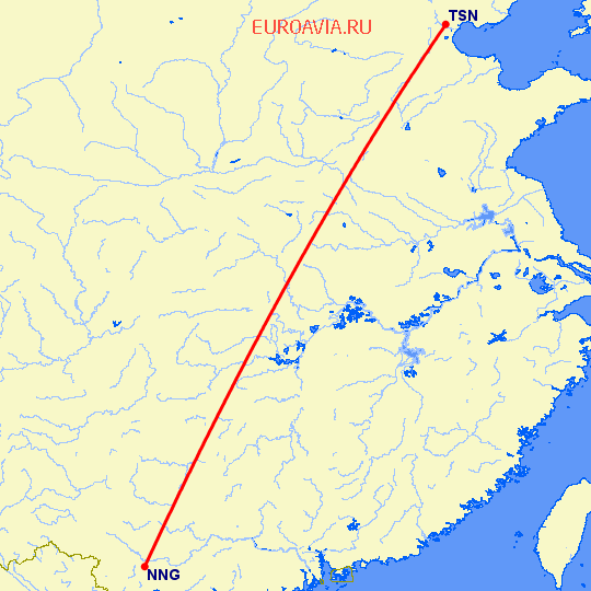 перелет Наньнин — Тяньцзинь на карте