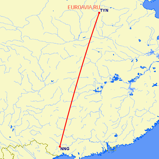 перелет Наньнин — Тайюань на карте