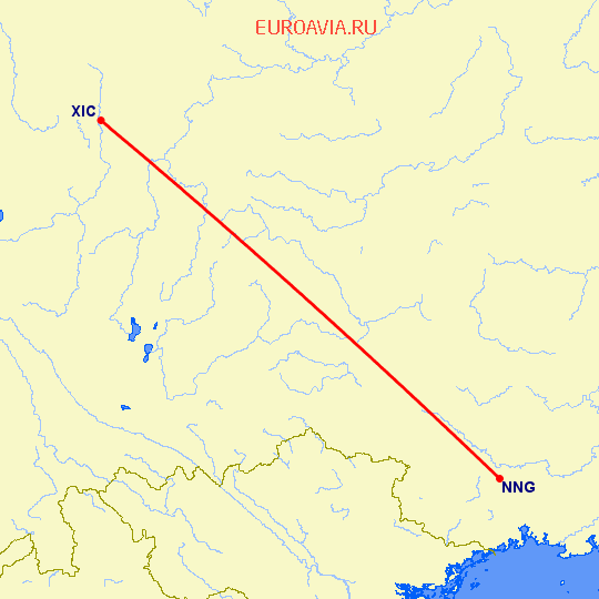 перелет Наньнин — Хайчэн на карте