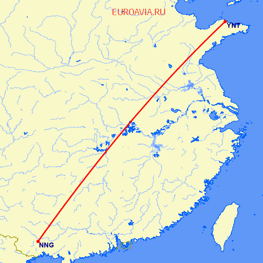 перелет Наньнин — Янтай на карте