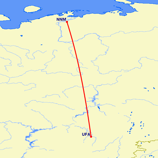 перелет Нарьян Мар — Уфа на карте