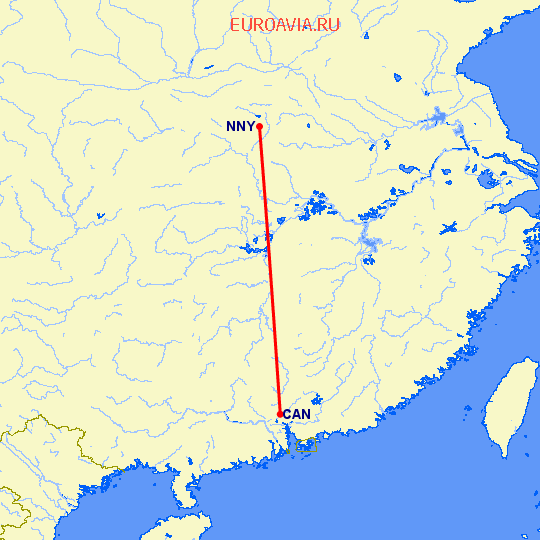перелет Наньян — Гуанчжоу на карте