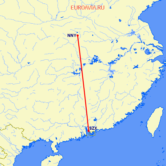 перелет Наньян — Шэньчжэнь на карте