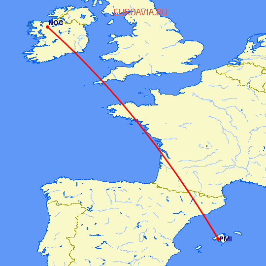 перелет Нок — Пальма де Майорка на карте