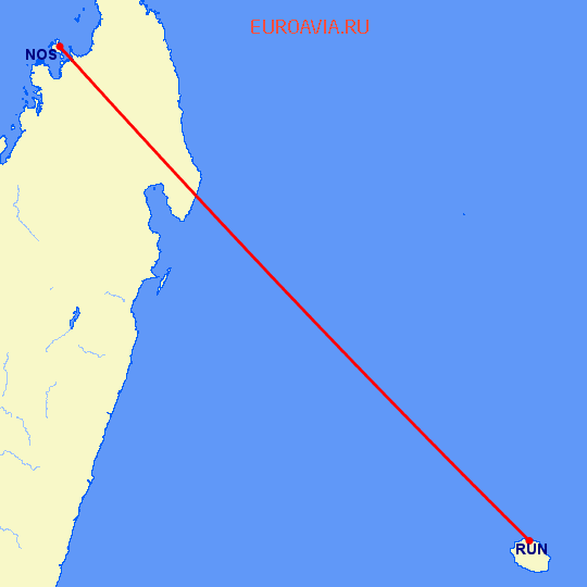 перелет Nossi-Be — St Denis de la Reunion на карте