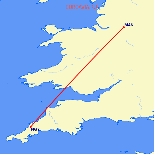 перелет Newquay — Манчестер на карте