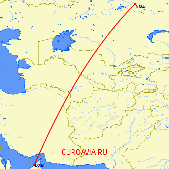 перелет Астана — Дубай на карте