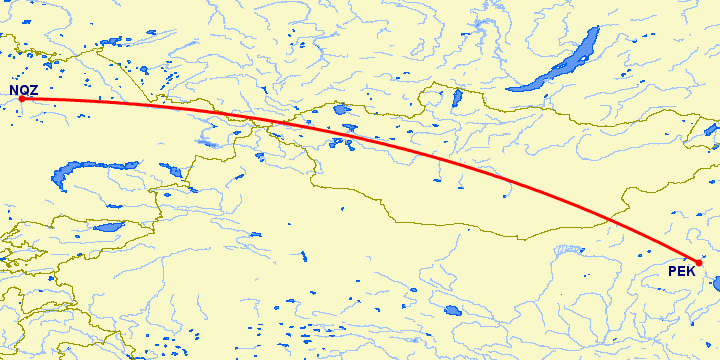 перелет Астана — Пекин на карте