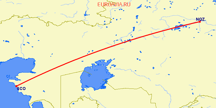 перелет Астана — Актау на карте