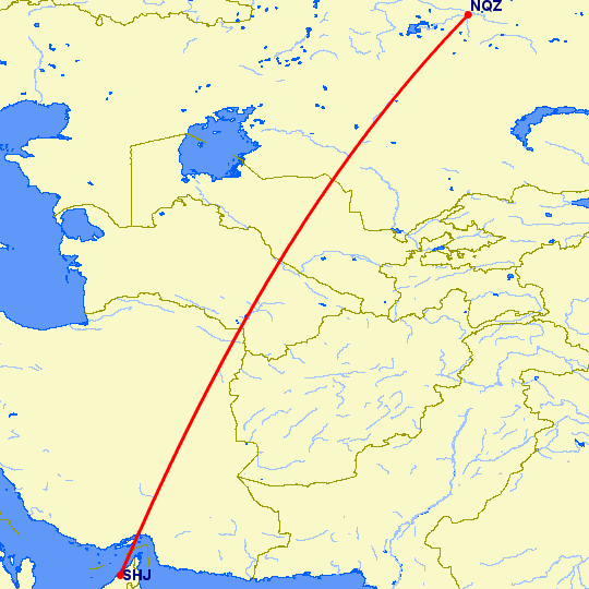 перелет Нур-Султан — Шарджа на карте