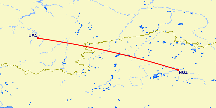 перелет Астана — Уфа на карте