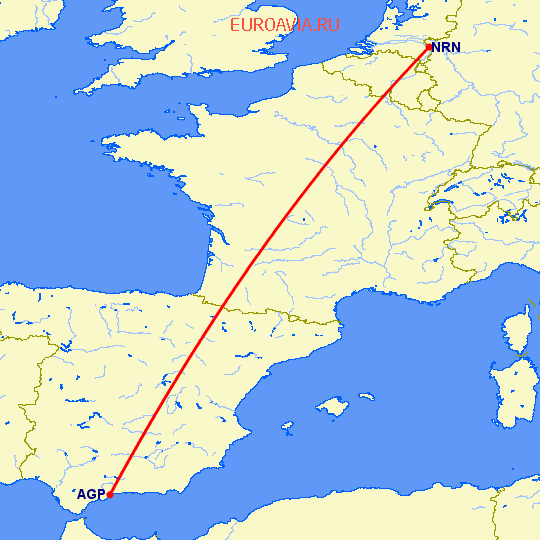 перелет Дюссельдорф — Малага на карте