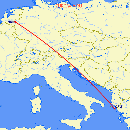 перелет Дюссельдорф — Керкира на карте