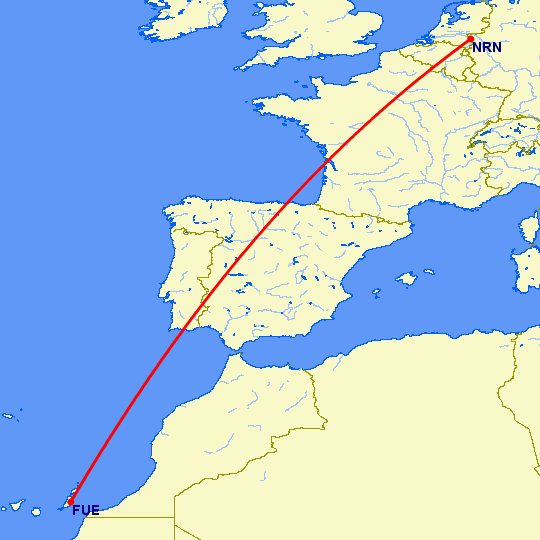 перелет Дюссельдорф — Пуэрто дель Росарио на карте