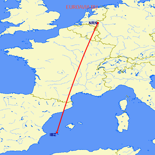 перелет Дюссельдорф — Ибица на карте