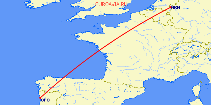 перелет Дюссельдорф — Порту на карте