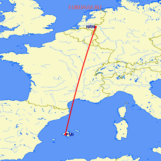 перелет Дюссельдорф — Пальма де Майорка на карте