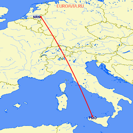 перелет Дюссельдорф — Палермо на карте