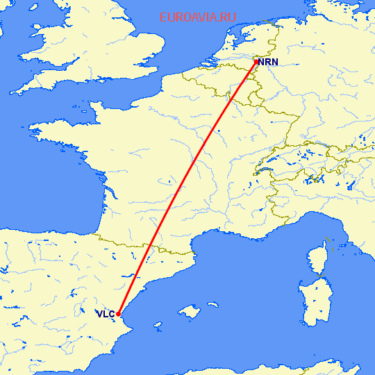 перелет Дюссельдорф — Валенсия на карте