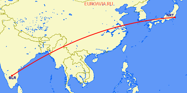 перелет Токио — Бангалор на карте