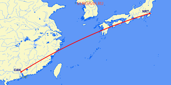 перелет Токио — Гуанчжоу на карте