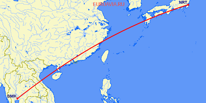 перелет Токио — Бангкок на карте