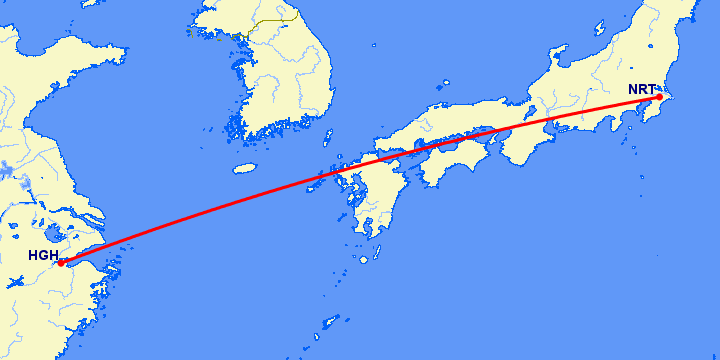 перелет Токио — Ханчжоу на карте