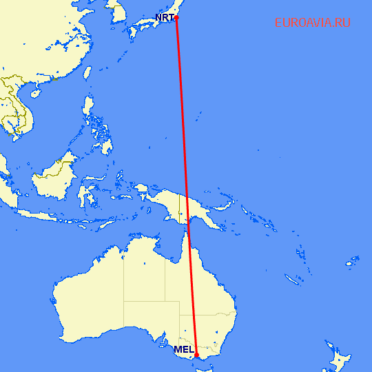 перелет Токио — Мельбурн на карте