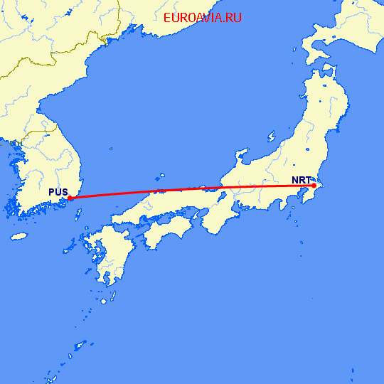 перелет Токио — Пусан на карте