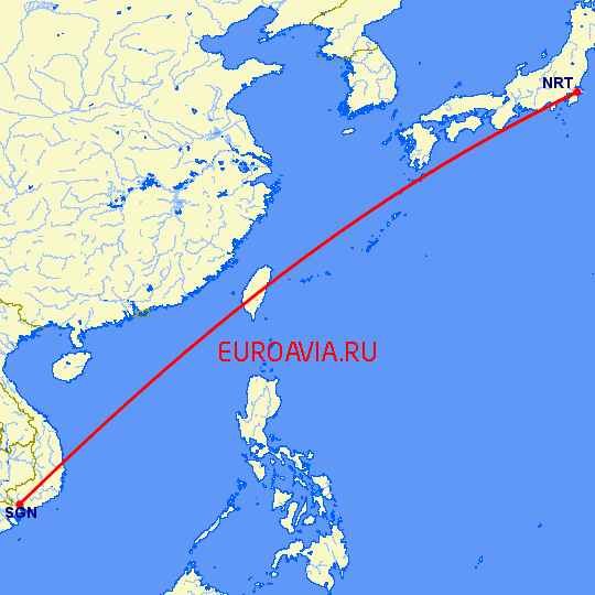 перелет Токио — Хошимин на карте