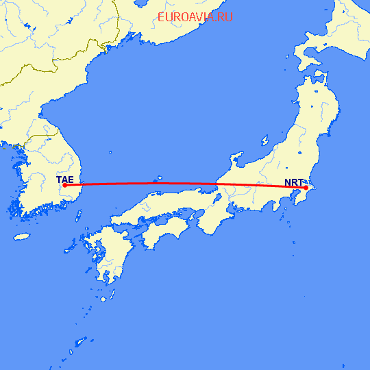 перелет Токио — Даегу на карте