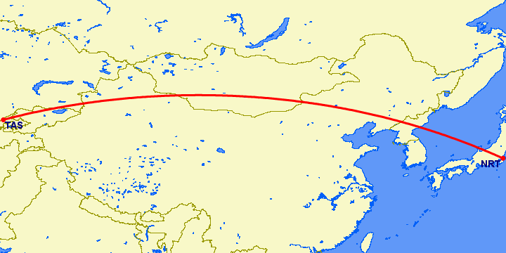 перелет Токио — Ташкент на карте