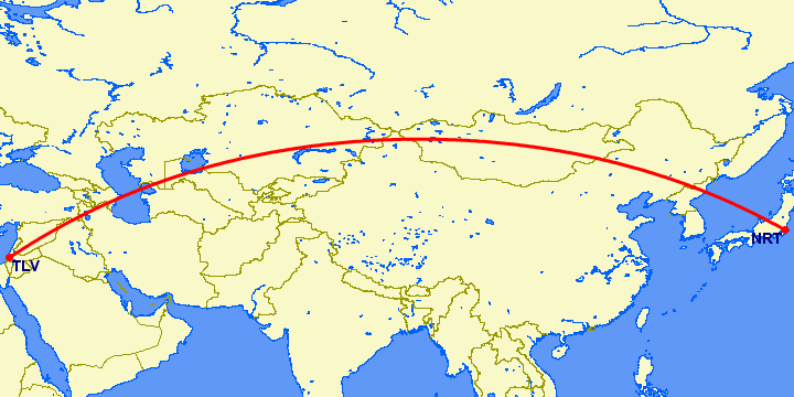 перелет Токио — Тель Авив на карте